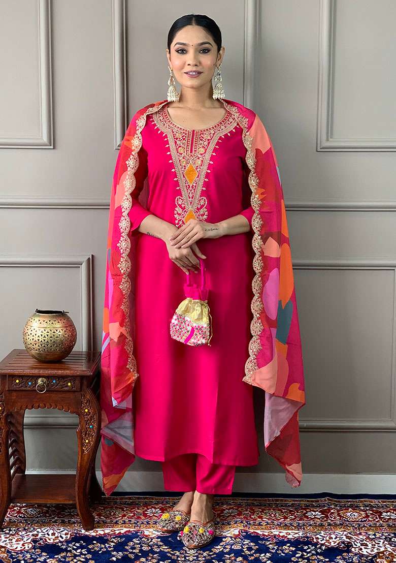 Pink Embroidered Viscose Straight Kurta Set - Indya