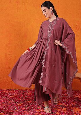 Maroon Embroidered Silk Kurta Set