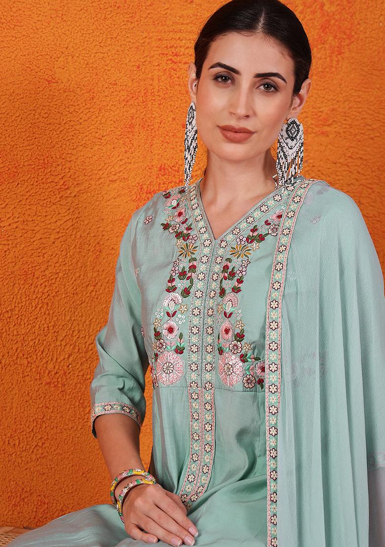 Sky Blue Embroidered Silk Kurta Set