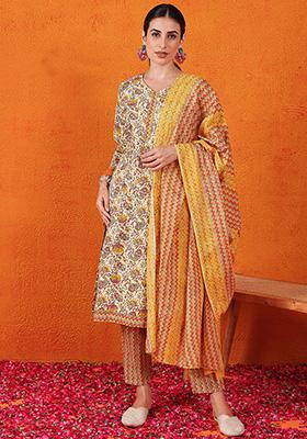Yellow Printed Blended Cotton Kurta Set