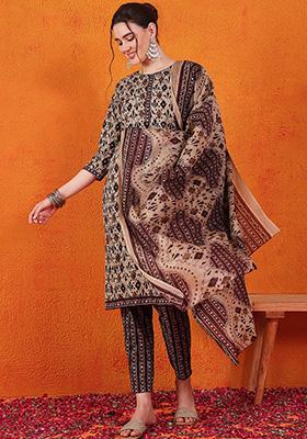 Brown Printed Blended Cotton Kurta Set