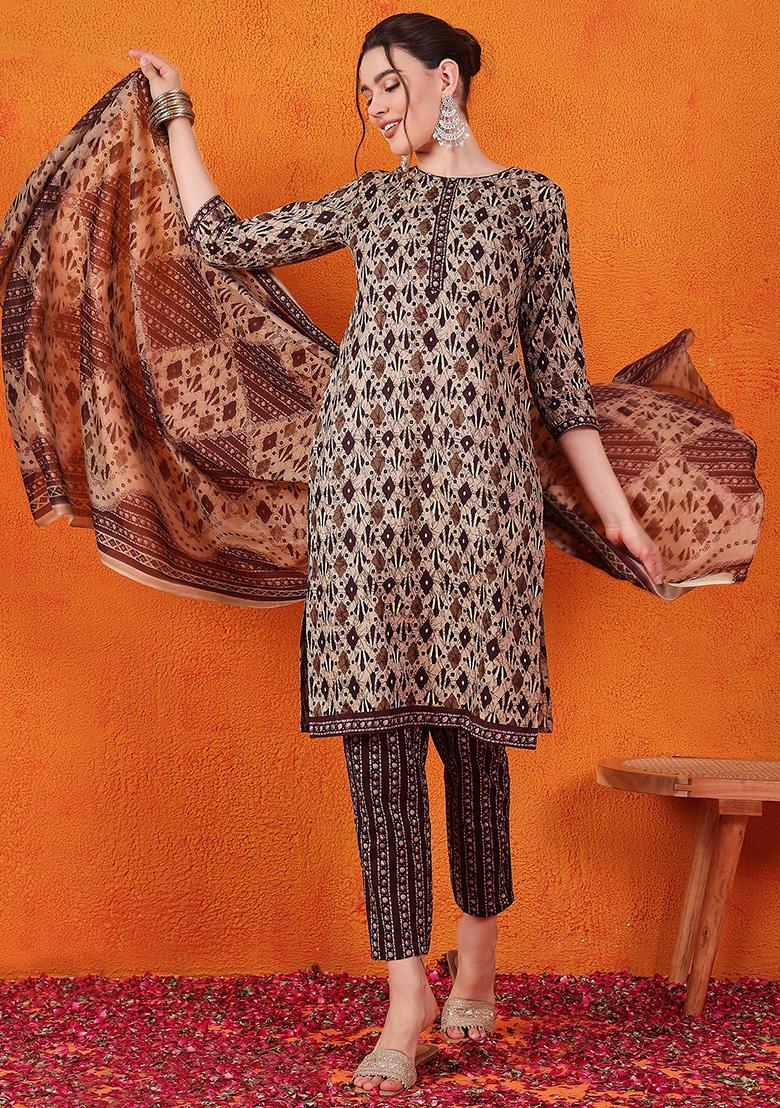 Brown Printed Blended Cotton Kurta Set
