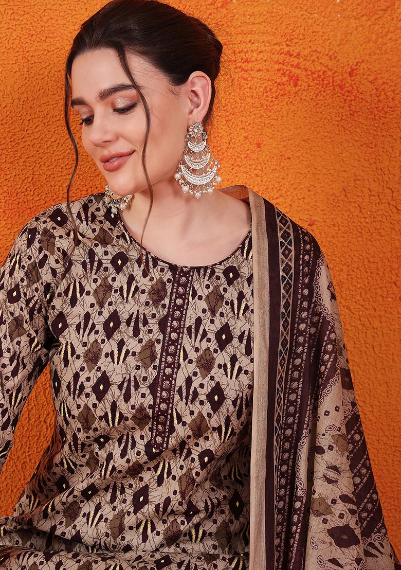 Brown Printed Blended Cotton Kurta Set