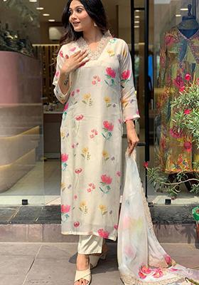 Off White Embroidered Art Silk Kurta Set