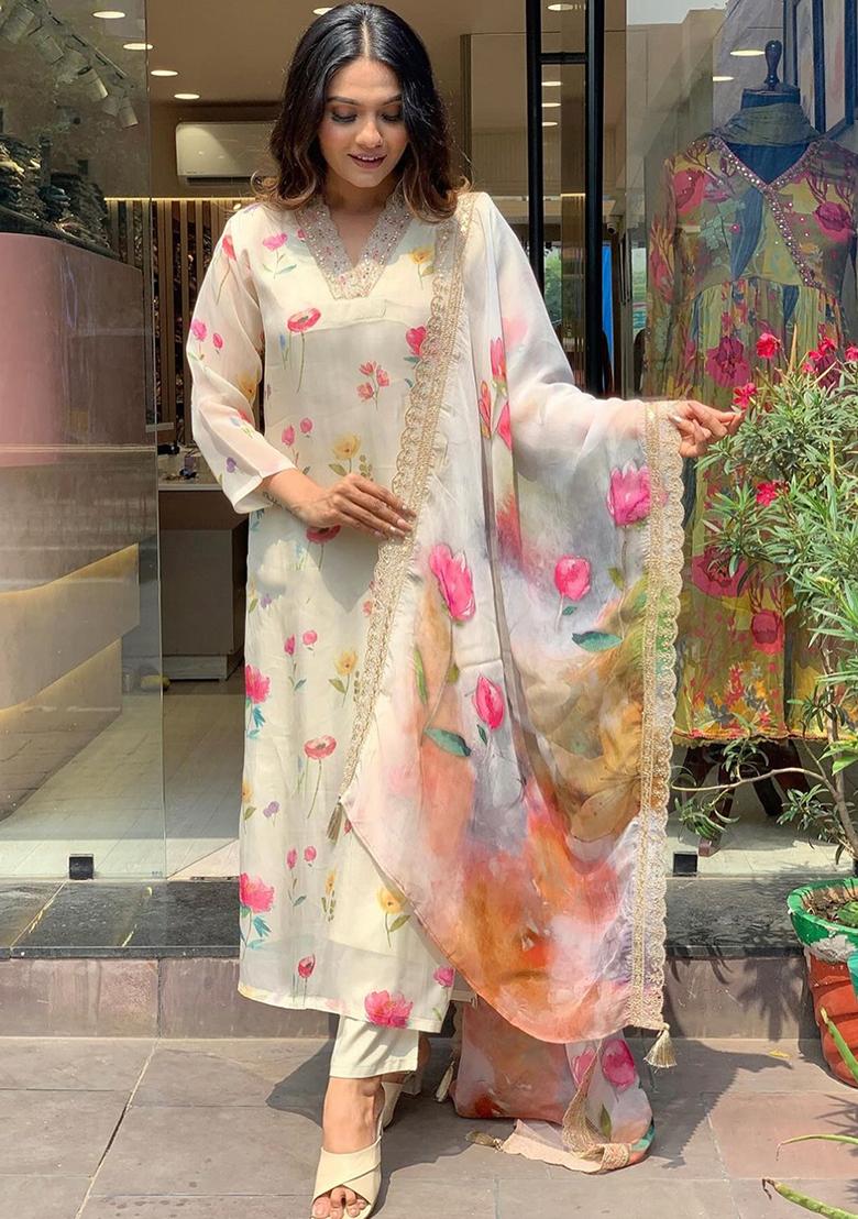 Off White Embroidered Art Silk Kurta Set