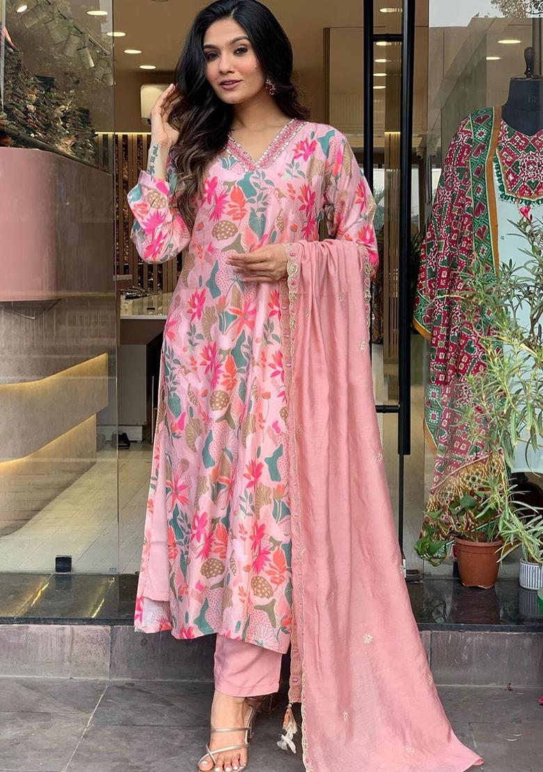 Pink Embroidered Cotton Kurta Set