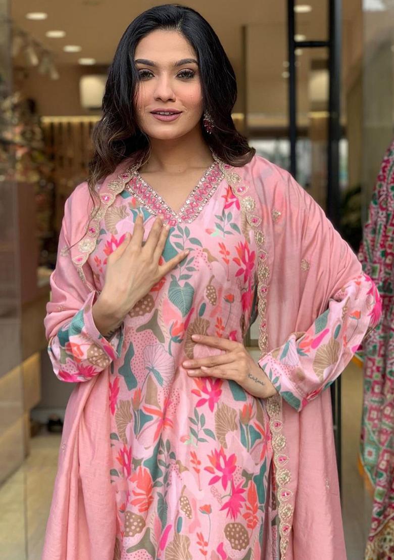 Pink Embroidered Cotton Kurta Set