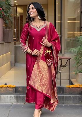 Maroon Embroidered Silk Kurta Set