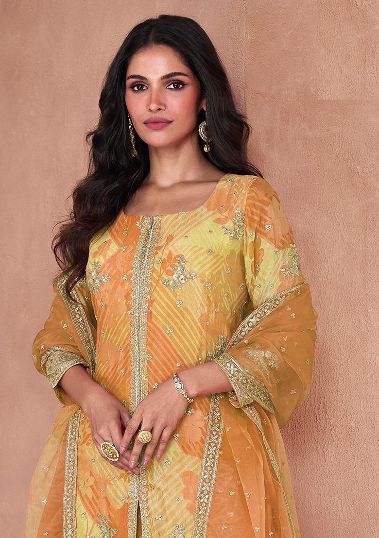 Yellow Embroidered Georgette Kurta Set