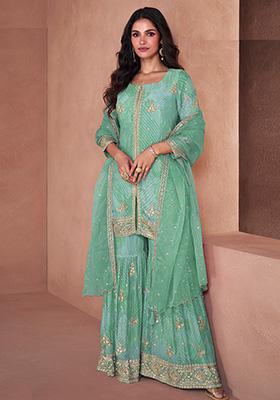 Sea Green Embroidered Georgette Kurta Set