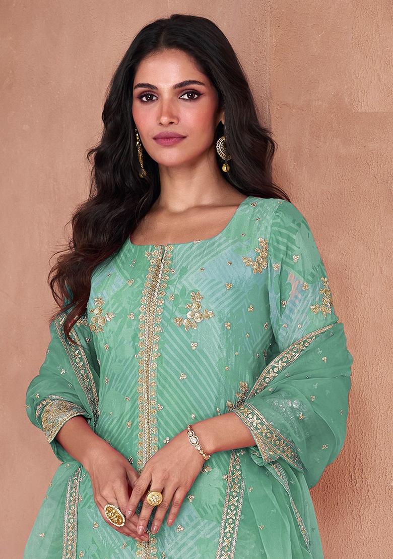 Sea Green Embroidered Georgette Kurta Set