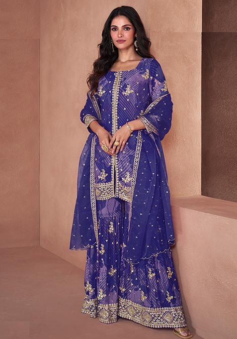 Blue Embroidered Georgette Kurta Set