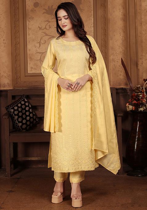 Yellow Embroidered Chanderi Kurta Set