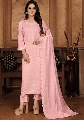 Peach Embroidered Chanderi Kurta Set