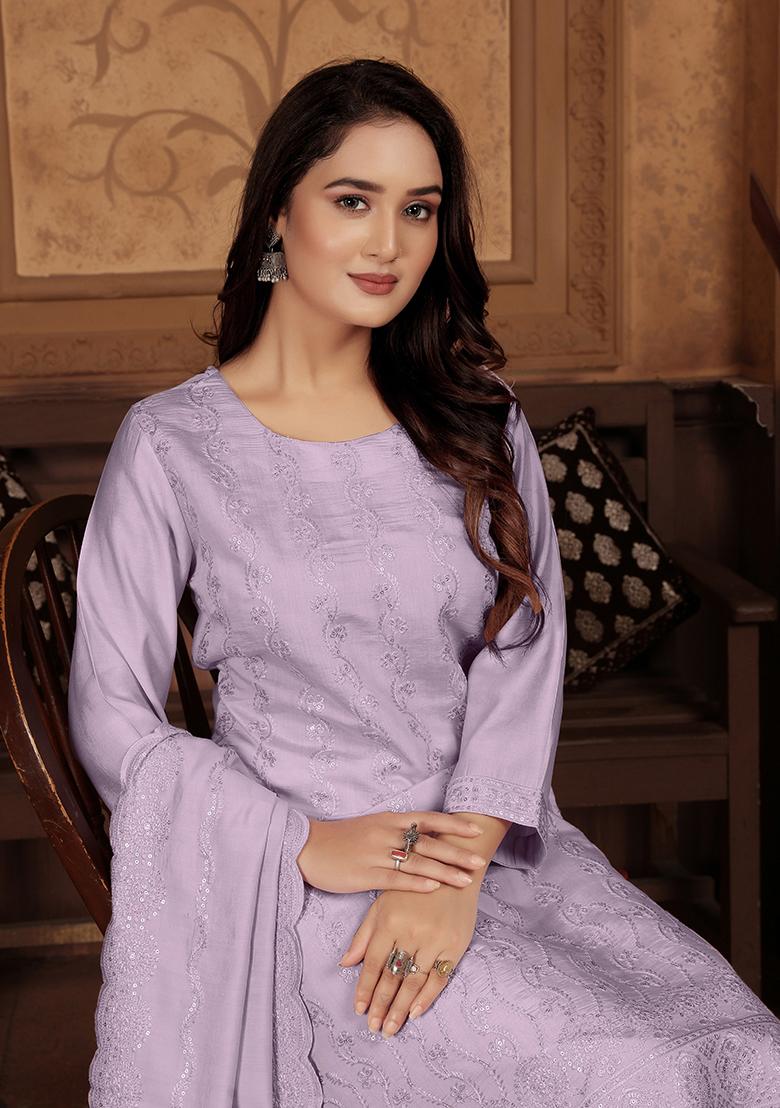 Lavender Embroidered Chanderi Kurta Set