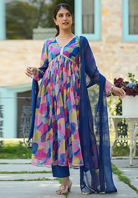 Blue Printed Georgette Kurta Set