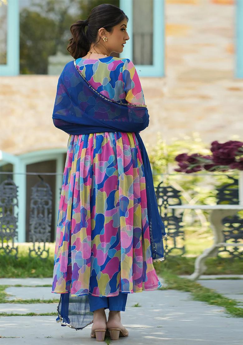 Blue Printed Georgette Kurta Set