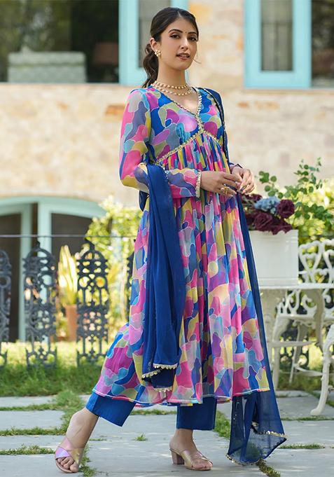 Blue Printed Georgette Kurta Set