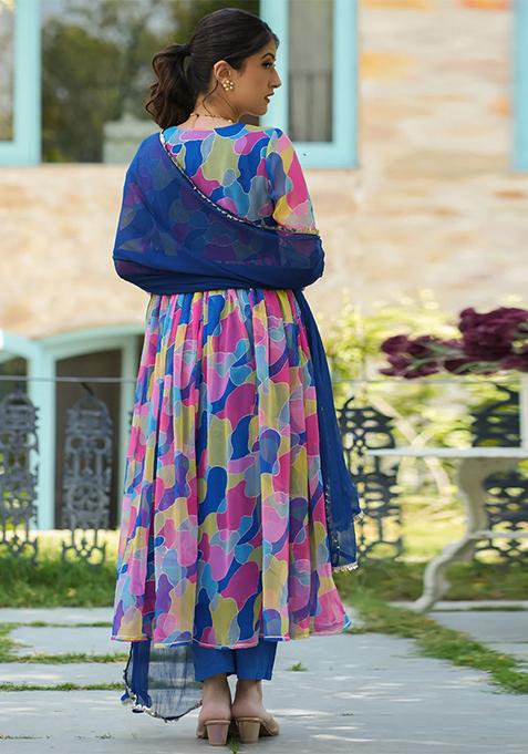 Blue Printed Georgette Kurta Set