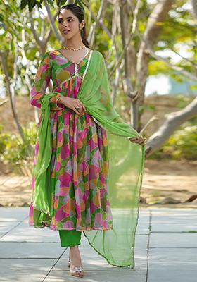 Green Printed Georgette Kurta Set