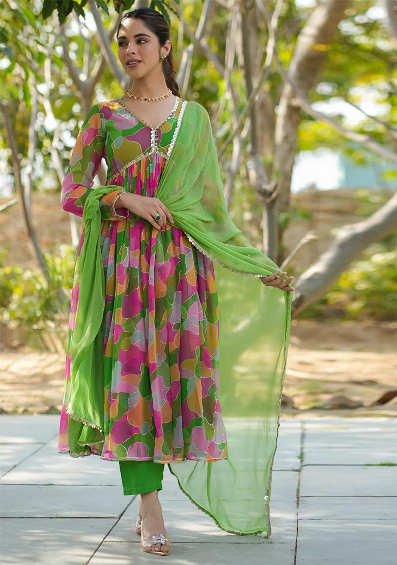 Green Printed Georgette Kurta Set