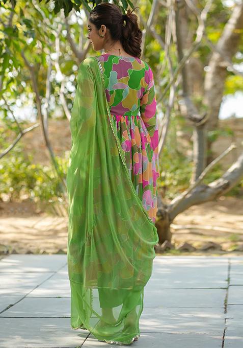 Green Printed Georgette Kurta Set