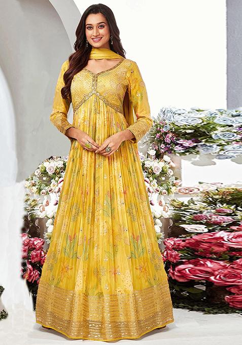 Yellow Zari Sequin Embroidered Chinon Silk Anarkali Kurta Set