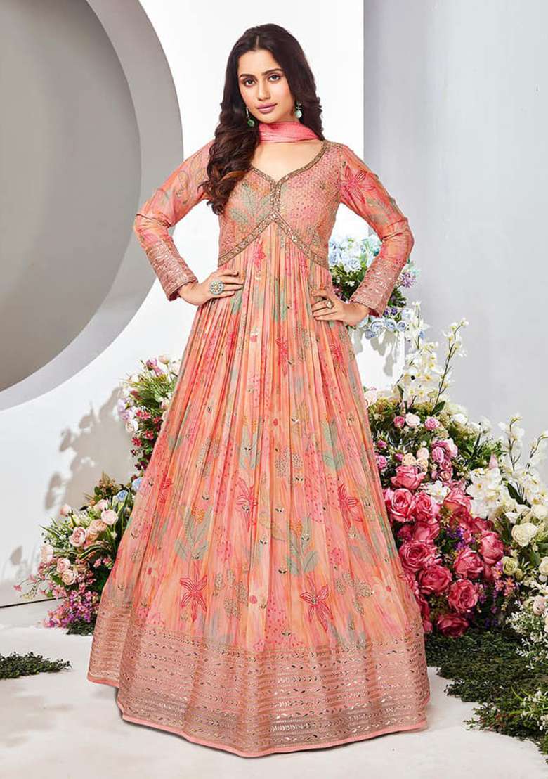 Peach Zari Sequin Embroidered Chinon Silk Anarkali With Dupatta - Indya