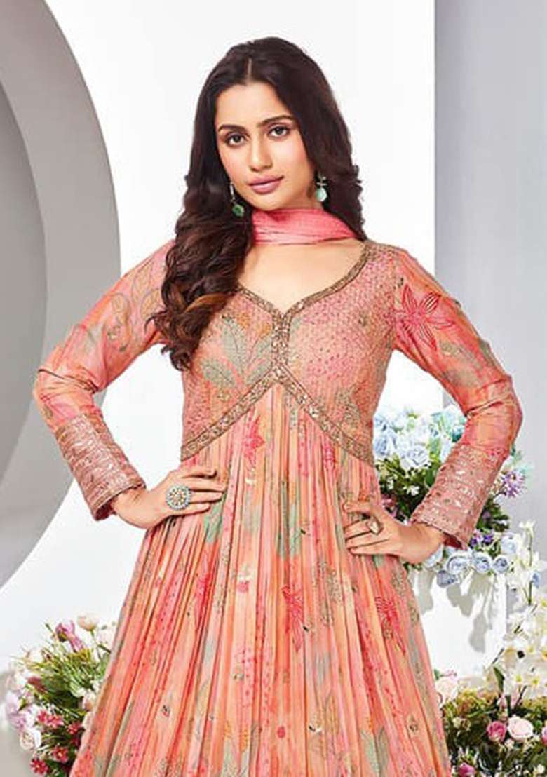 Peach Zari Sequin Embroidered Chinon Silk Anarkali With Dupatta - Indya