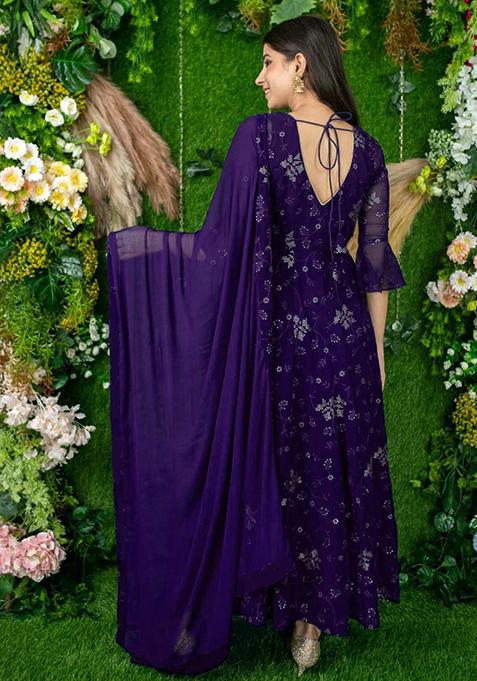Purple ombre shaded satin georgette kurta set with organza dupatta and satin georgette pants.