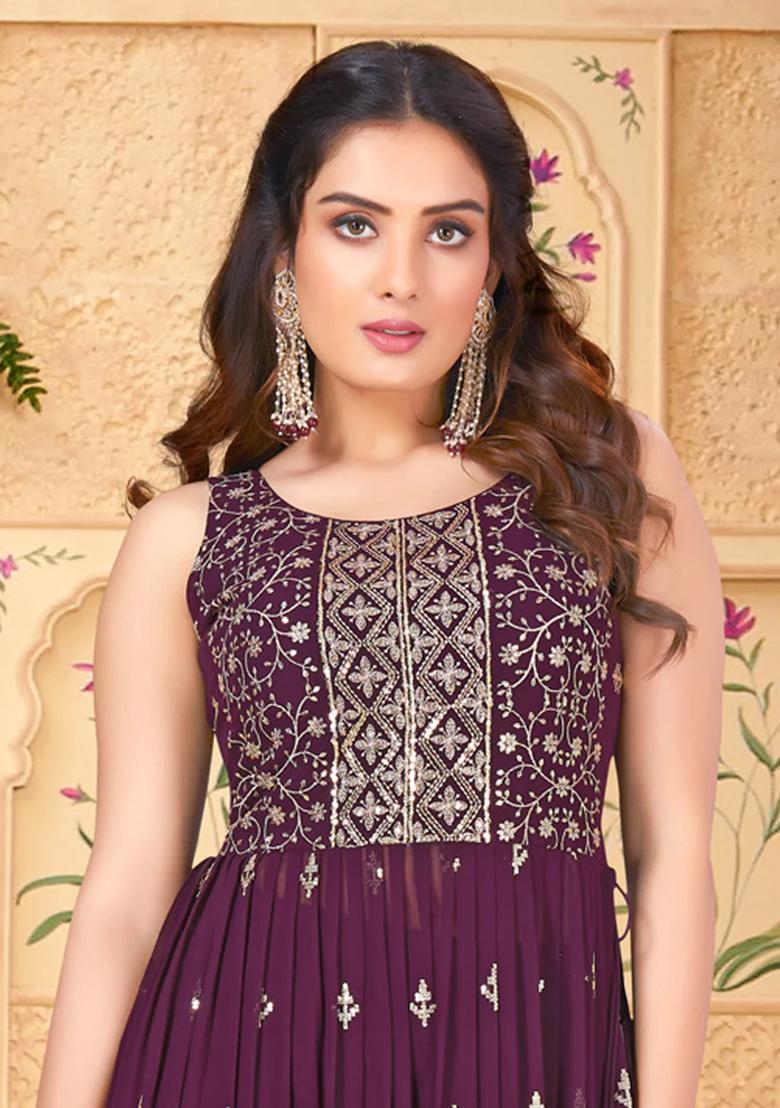 Wine Zari Sequin Embroidered Georgette Kurta Set