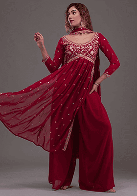Maroon Zari Sequin Embroidered Georgette Kurta Set
