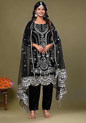 Black Embroidered Velvet Kurta Set