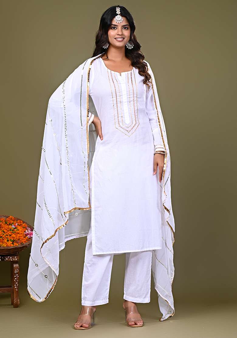 White Embroidered Cotton Straight Kurta Set - Indya