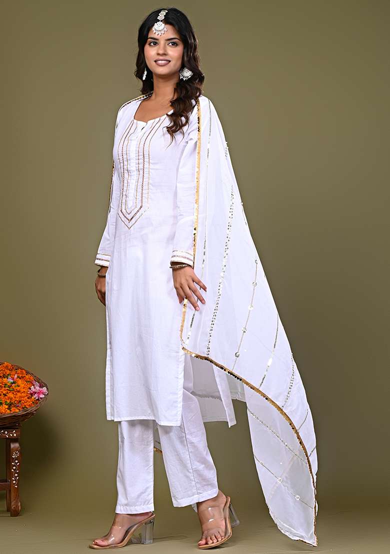 White Embroidered Cotton Straight Kurta Set - Indya
