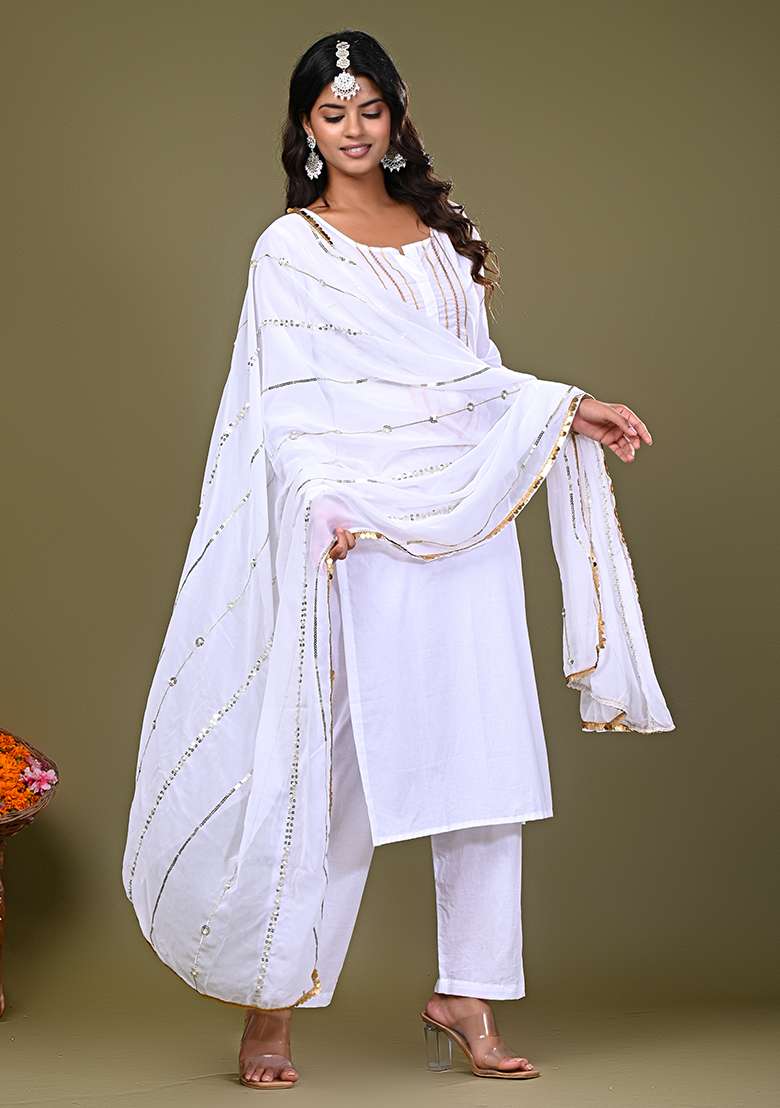 White Embroidered Cotton Straight Kurta Set - Indya