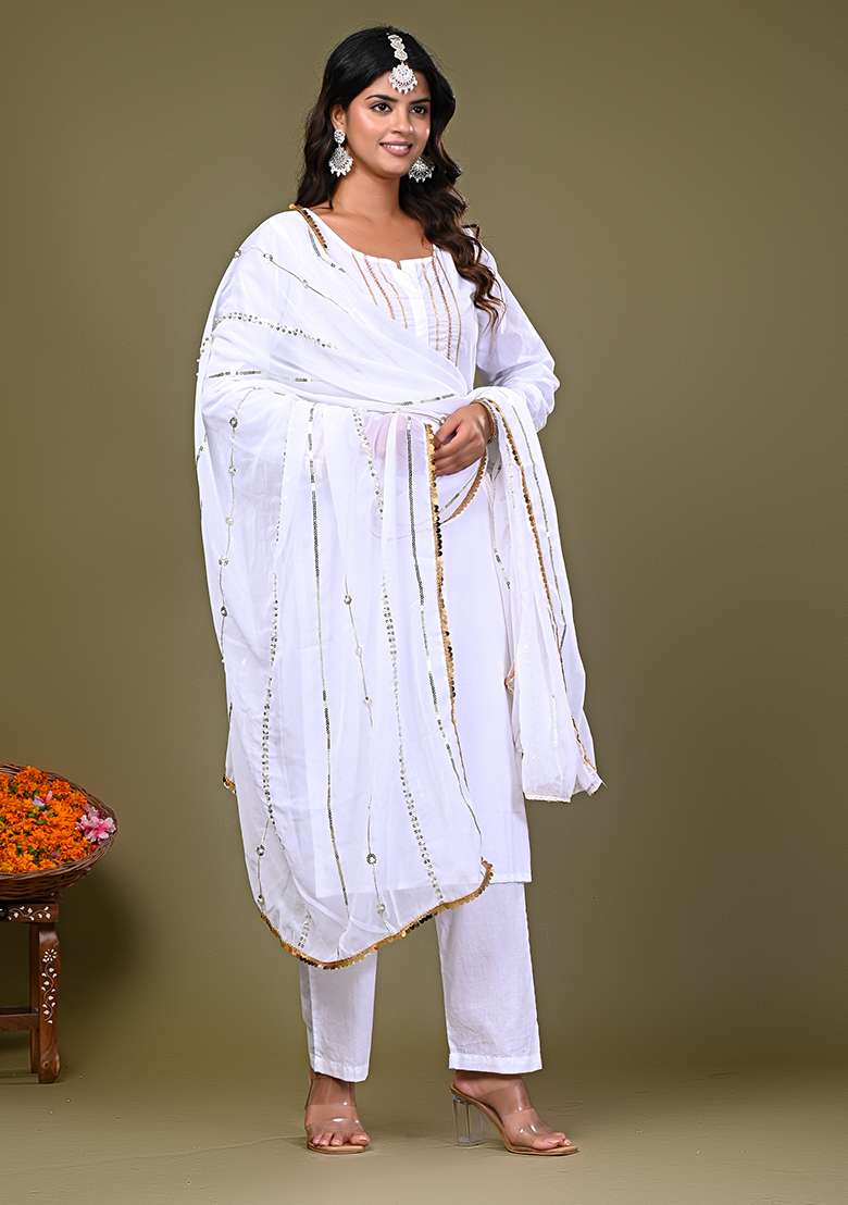 White Embroidered Cotton Straight Kurta Set - Indya