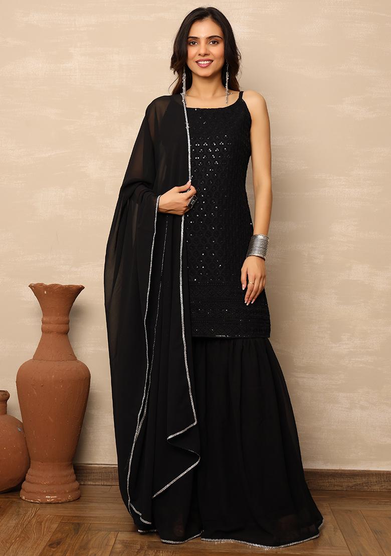 Black Embroidered Georgette Sharara Set - Indya