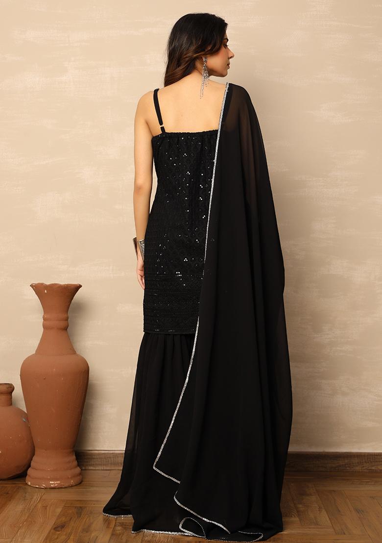 Black Embroidered Georgette Sharara Set - Indya