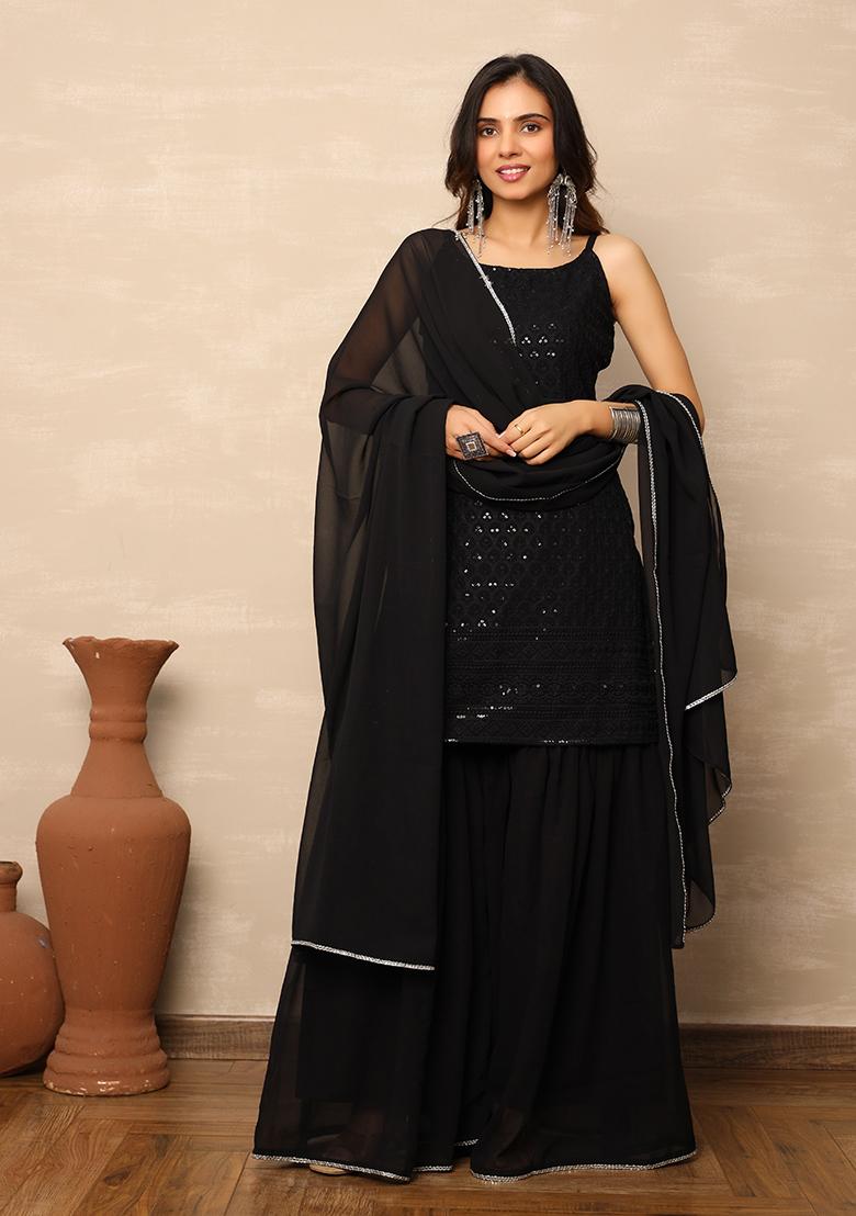 Black Embroidered Georgette Sharara Set