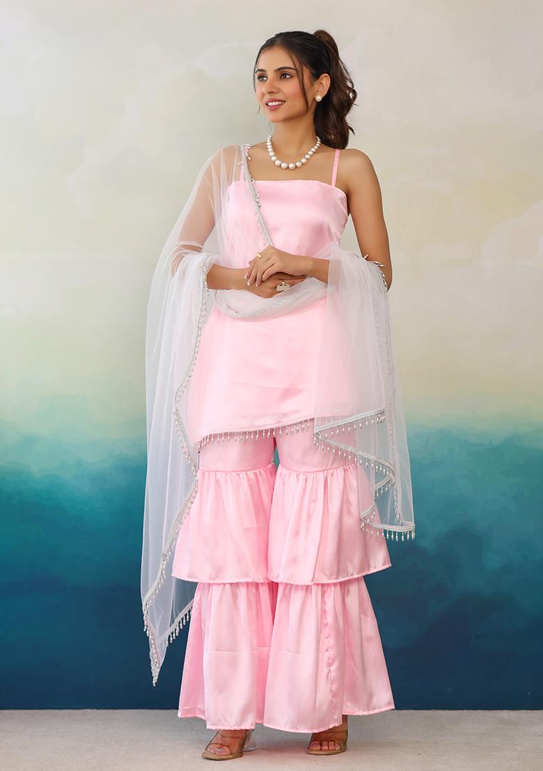 Pink Solid Satin Sharara Set