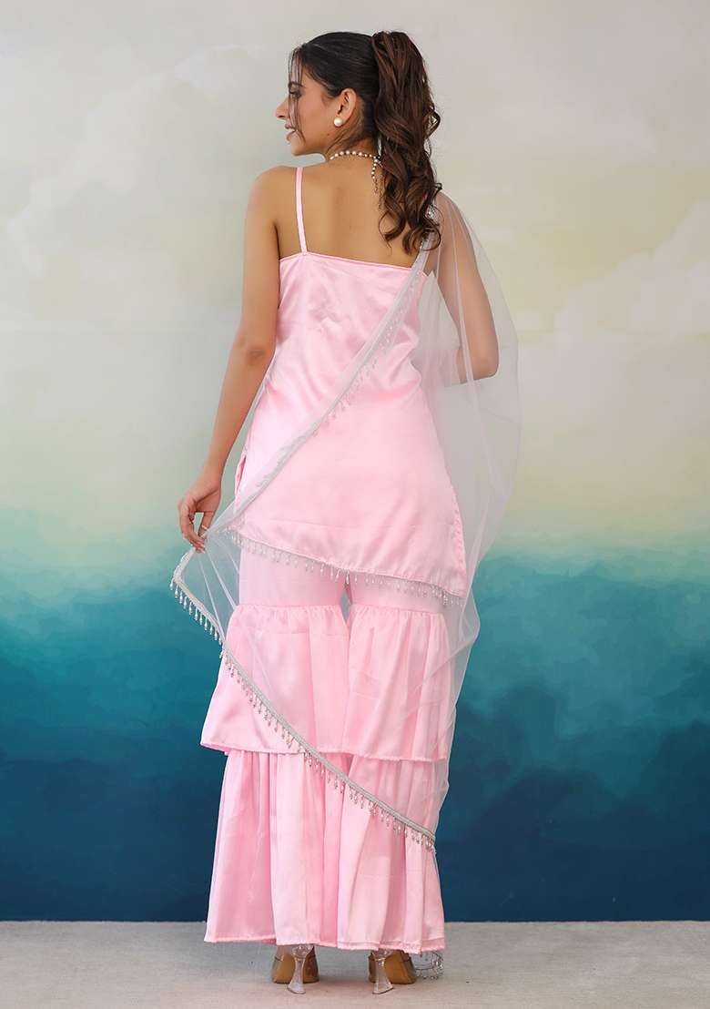 Pink Solid Satin Sharara Set - Indya