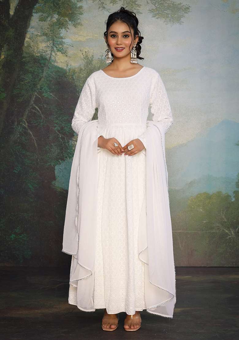 White Chikankari Georgette Anarkali Set - Indya