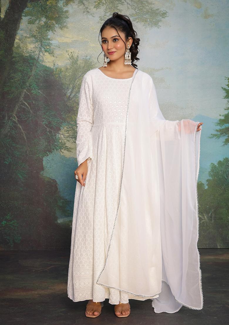 White Embroidered Georgette Anarkali Kurta Set