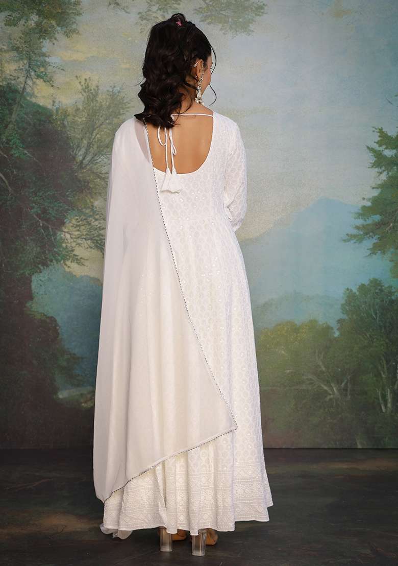White Chikankari Georgette Anarkali Set - Indya