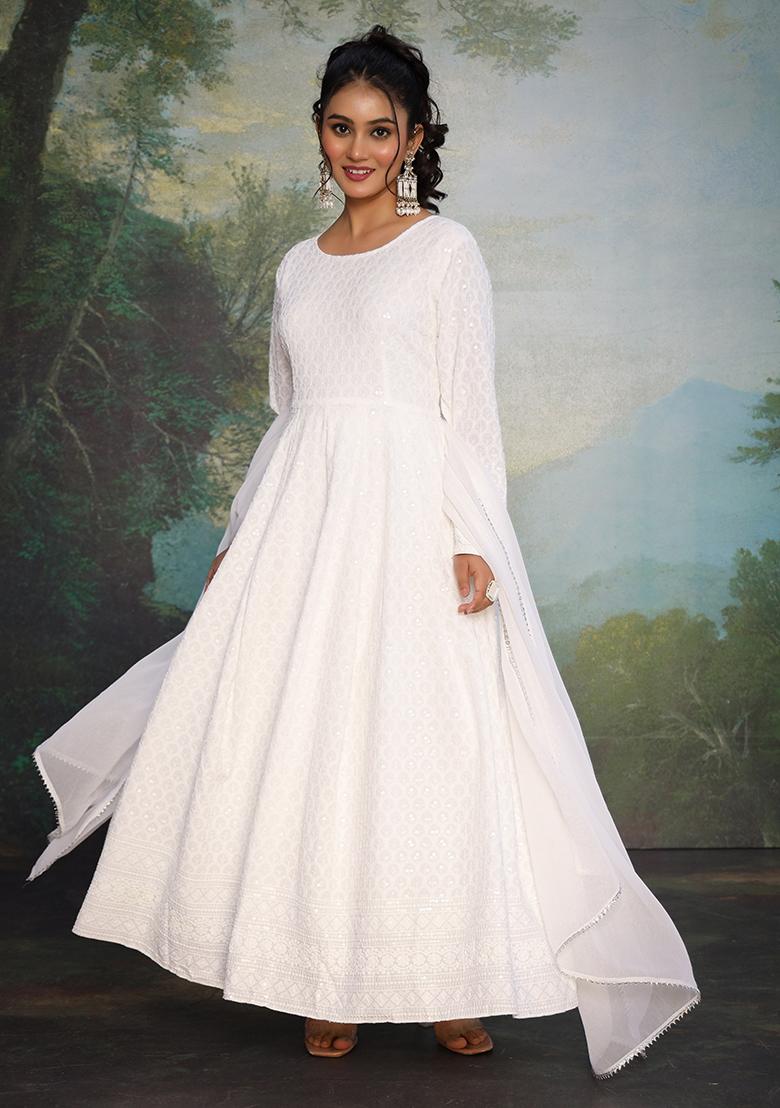 White Embroidered Georgette Anarkali Kurta Set