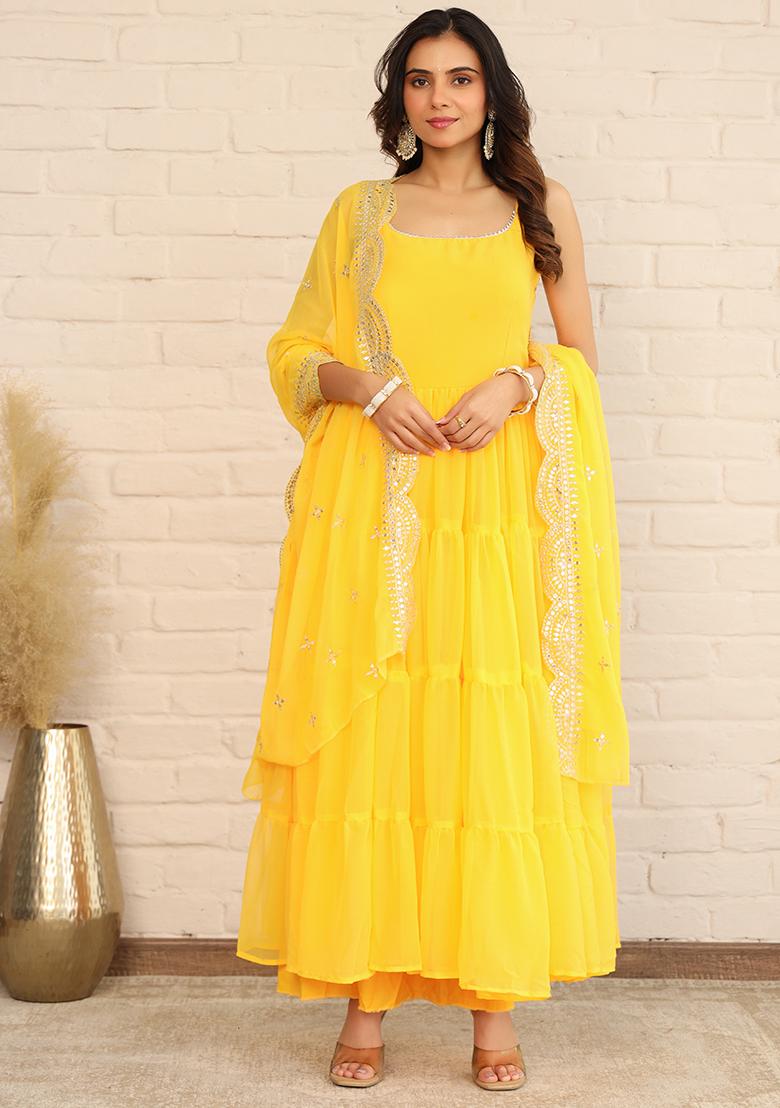 Yellow Embroidered Georgette Kurta Set With Dupatta