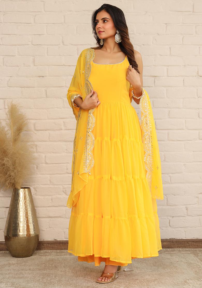 Yellow Embroidered Georgette Kurta Set