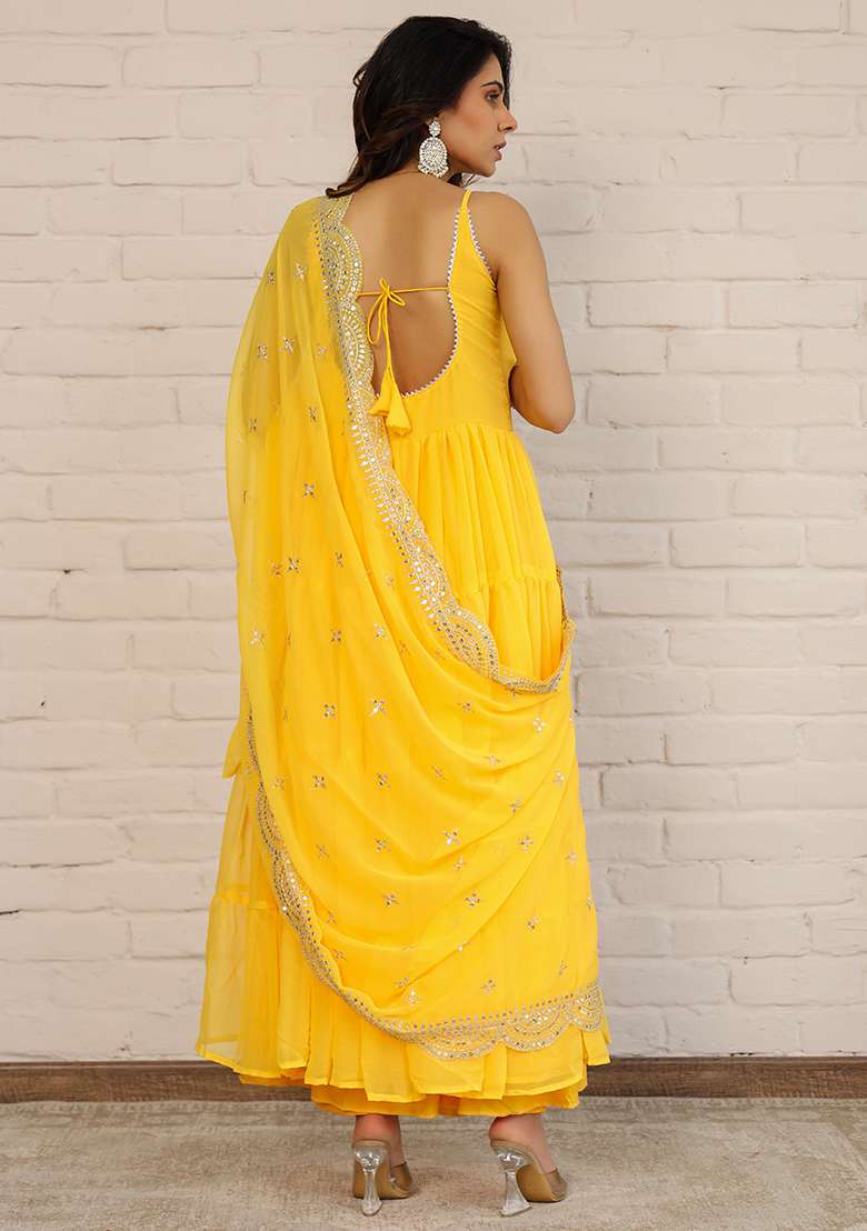 Yellow Solid Georgette Anarkali Set - Indya