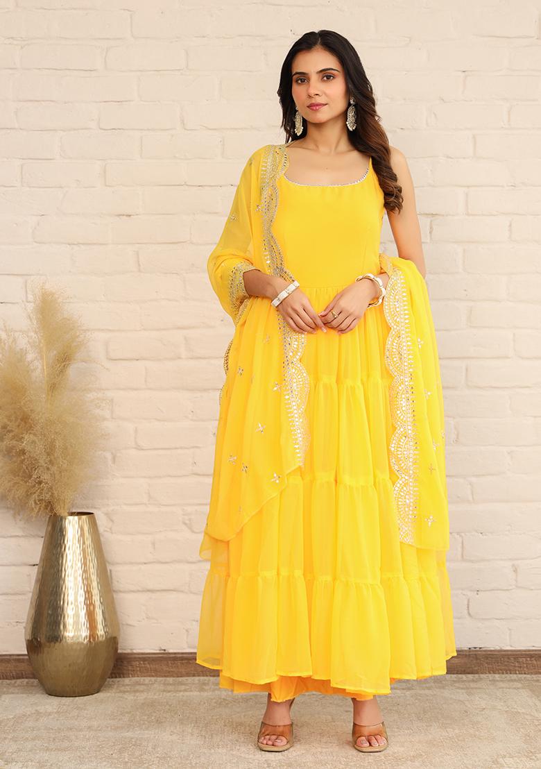 Yellow Embroidered Georgette Kurta Set